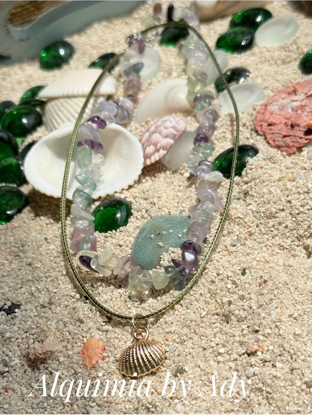Olive Green Cord Multi-Gem Shell Pendant Necklace FLUORITE LAYERED